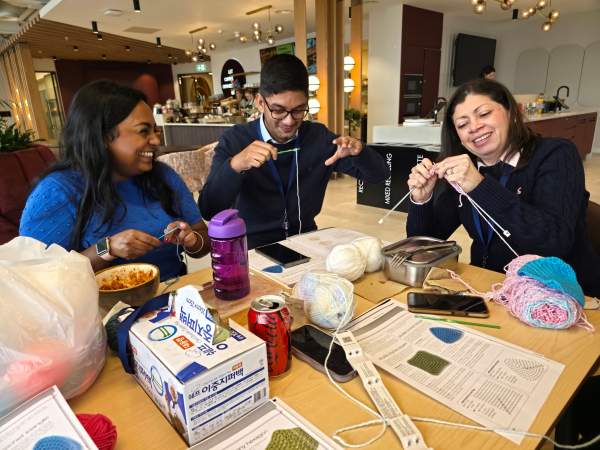 <p>Lunchtime Learn to Knit session - making tiny comfort squares for babies leaving our local hospital neonatal unit.</p>